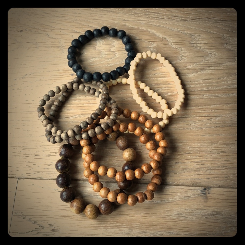 Multiple wood beaded bracelets